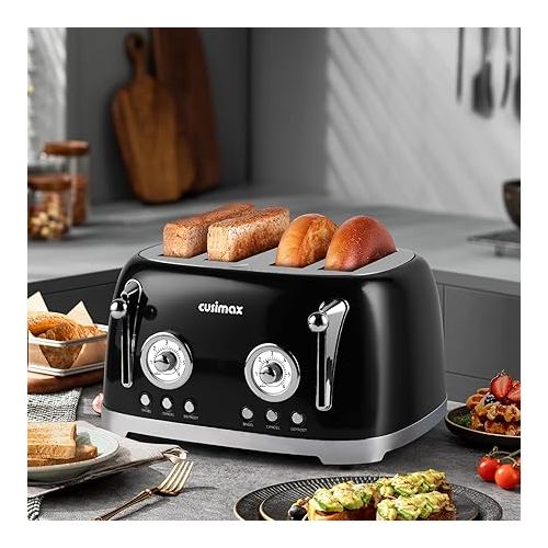  CUSIMAX Toaster 4 Slice, Retro Toaster with Wide Slots for Bagels, Stainless Steel Toaster with 6 Toast Settings, Bagel, Cancel, Defrost & Reheat Functions, Dual Independent Control Panels, Black