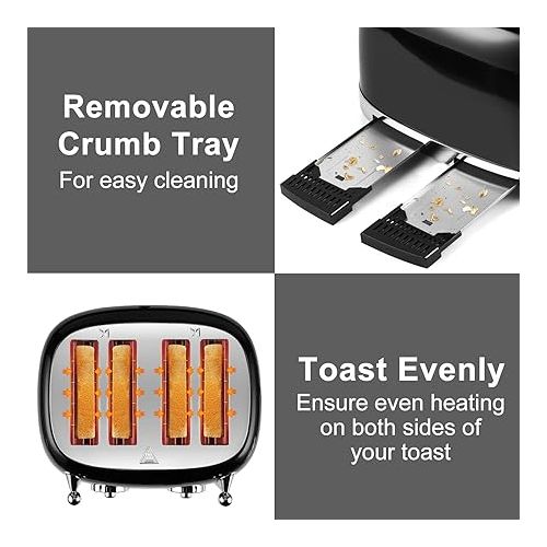  CUSIMAX Toaster 4 Slice, Retro Toaster with Wide Slots for Bagels, Stainless Steel Toaster with 6 Toast Settings, Bagel, Cancel, Defrost & Reheat Functions, Dual Independent Control Panels, Black