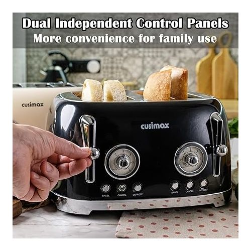  CUSIMAX Toaster 4 Slice, Retro Toaster with Wide Slots for Bagels, Stainless Steel Toaster with 6 Toast Settings, Bagel, Cancel, Defrost & Reheat Functions, Dual Independent Control Panels, Black