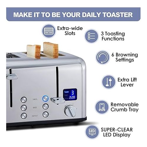  CUSIMAX 4 Slice Toaster, Ultra-Clear LED Display & Extra Wide Slots, Dual Control Panels of 6 Shade Settings, Cancel/Bagel/Defrost Function, Removable Crumb Trays, Stainless Steel Toaster