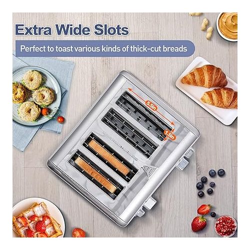  CUSIMAX 4 Slice Toaster, Ultra-Clear LED Display & Extra Wide Slots, Dual Control Panels of 6 Shade Settings, Cancel/Bagel/Defrost Function, Removable Crumb Trays, Stainless Steel Toaster