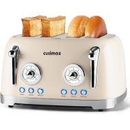 CUSIMAX Toaster 4 Slice, Retro Toaster with Wide Slots for Bagels, Stainless Steel Toaster with 6 Toast Settings, Bagel, Cancel, Defrost & Reheat Functions, Dual Independent Control Panels, Cream