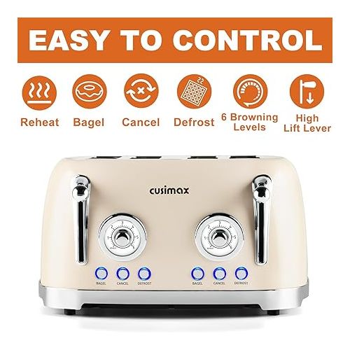  CUSIMAX Toaster 4 Slice, Retro Toaster with Wide Slots for Bagels, Stainless Steel Toaster with 6 Toast Settings, Bagel, Cancel, Defrost & Reheat Functions, Dual Independent Control Panels, Cream