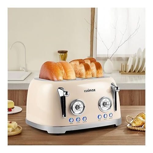  CUSIMAX Toaster 4 Slice, Retro Toaster with Wide Slots for Bagels, Stainless Steel Toaster with 6 Toast Settings, Bagel, Cancel, Defrost & Reheat Functions, Dual Independent Control Panels, Cream