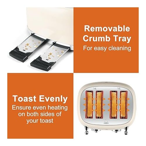  CUSIMAX Toaster 4 Slice, Retro Toaster with Wide Slots for Bagels, Stainless Steel Toaster with 6 Toast Settings, Bagel, Cancel, Defrost & Reheat Functions, Dual Independent Control Panels, Cream