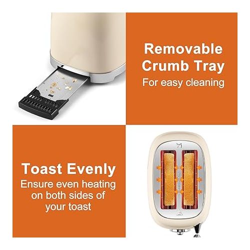  CUSIMAX Toaster 2 Slice with Extra Wide Slots for Bagels, Stainless Steel Retro Toaster with 6 Toast Settings and 4 Functions, Bagel, Cancel, Defrost & Reheat, Removable Crumb Tray, Cream