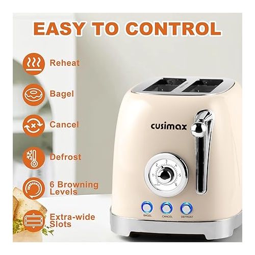  CUSIMAX Toaster 2 Slice with Extra Wide Slots for Bagels, Stainless Steel Retro Toaster with 6 Toast Settings and 4 Functions, Bagel, Cancel, Defrost & Reheat, Removable Crumb Tray, Cream
