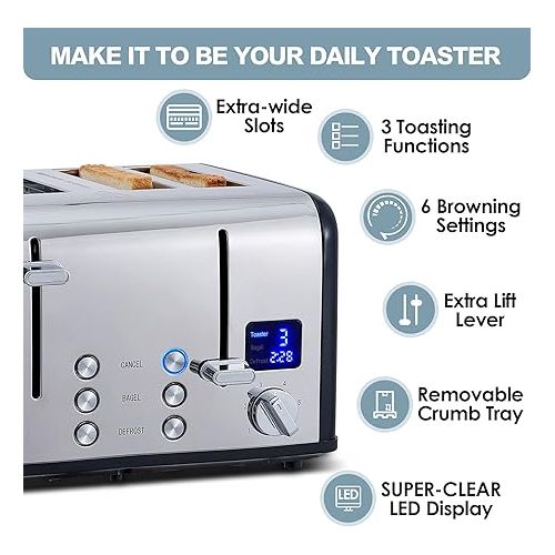  CUSIMAX 4 Slice Toaster, Stainless Steel, Ultra-Clear LED Display & Extra Wide Slots, with Dual Control Panels of 6 Shade Settings, Cancel/Bagel/Defrost Function, Removable Crumb Trays, Black