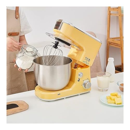  CUSIMAX Stand Mixer with 5-QT Stainless Steel Bowl, Tilt-Head Kitchen Electric Mixer with Dough Hook, Mixing Beater and Whisk, Splash Guard, Yellow