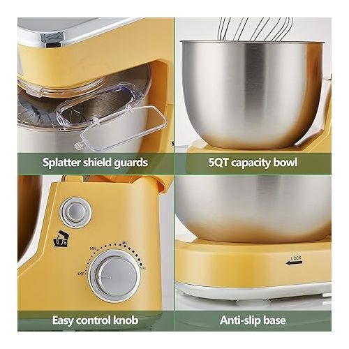  CUSIMAX Stand Mixer with 5-QT Stainless Steel Bowl, Tilt-Head Kitchen Electric Mixer with Dough Hook, Mixing Beater and Whisk, Splash Guard, Yellow