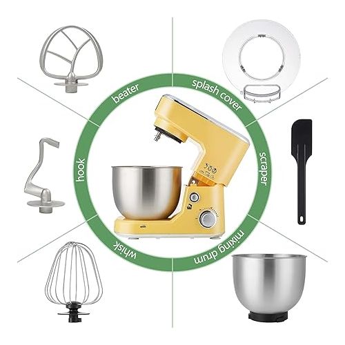  CUSIMAX Stand Mixer with 5-QT Stainless Steel Bowl, Tilt-Head Kitchen Electric Mixer with Dough Hook, Mixing Beater and Whisk, Splash Guard, Yellow