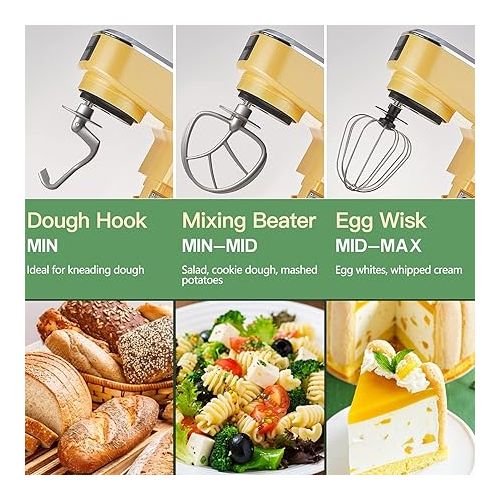  CUSIMAX Stand Mixer with 5-QT Stainless Steel Bowl, Tilt-Head Kitchen Electric Mixer with Dough Hook, Mixing Beater and Whisk, Splash Guard, Yellow