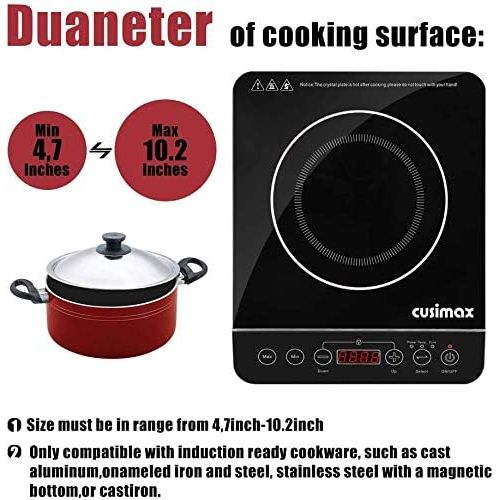  [아마존 핫딜] CUSIMAX Induction Cooktop 1800W Portable Induction Burner with Timer, Sensor Touch Electric Burner, 10 Temperature and 9 Power Setting, Kids Safety Lock for Cast Iron, Stainless St