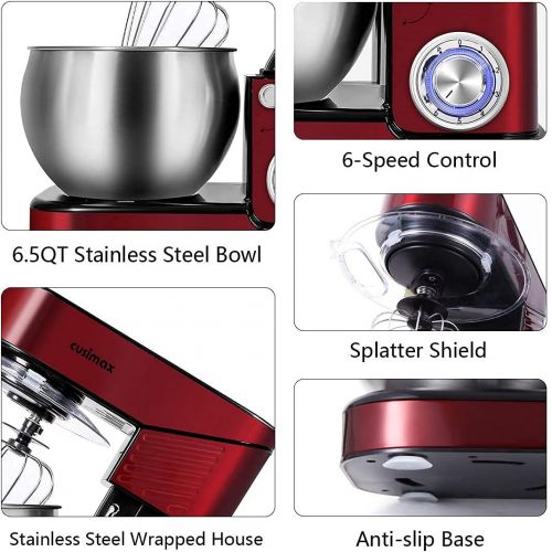  Stand Mixer, CUSIMAX 6.5QT Mixer Stainless Steel kitchen Mixer, 6-Speeds Tilt-Head Dough Mixer with Hook, Whisk & Beater, Splash Guard Electric Mixer, Red