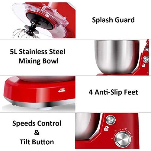  Stand Mixer, CUSIMAX Dough Mixer Tilt-Head Electric Mixer with 5-Quart Stainless Steel Bowl, Dough Hook, Mixing Beater and Whisk, Splash Guard, Red Food Mixer