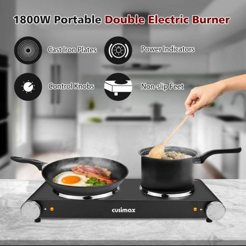  CUSIMAX 900W+900W Double Hot Plates, Cast Iron hot plates, Electric Cooktop, Hot Plates for Cooking Portable Electric Double Burner, Black Stainless Steel Countertop Burner, Easy t