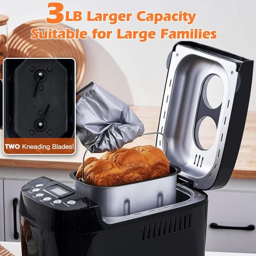  CUSIMAX Bread Maker Machine, with 3 LB Lage Capacity Nonstick Pan & 2 Dough Kneading Paddle, Digital, Programmable, 15-in-1, Gluten Free Black Automatic Bread Machine