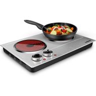 CUSIMAX 1800W Ceramic Electric Hot Plate for Cooking, Dual Control Infrared Cooktop, Portable Countertop Burner, Glass Plate Electric Cooktop, Silver, Stainless Steel-Upgraded Vers