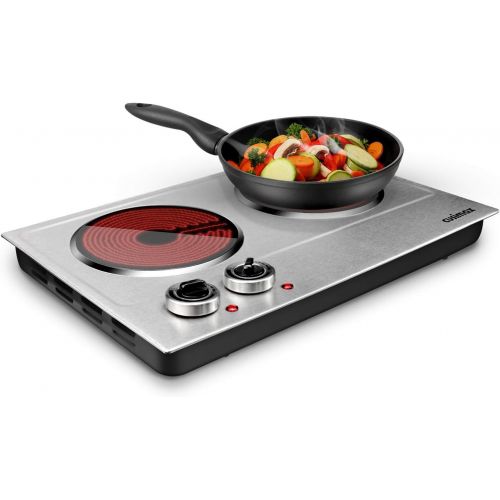  CUSIMAX 1800W Ceramic Electric Hot Plate for Cooking, Dual Control Infrared Cooktop, Portable Countertop Burner, Glass Plate Electric Cooktop, Silver, Stainless Steel-Upgraded Vers