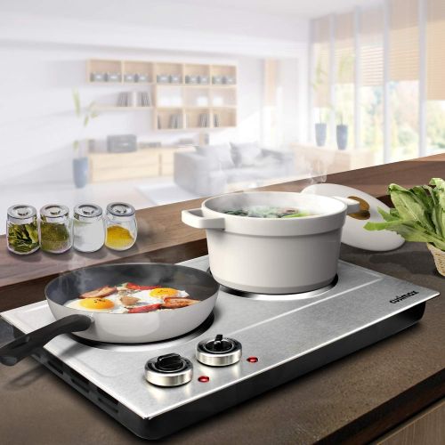  CUSIMAX 1800W Ceramic Electric Hot Plate for Cooking, Dual Control Infrared Cooktop, Portable Countertop Burner, Glass Plate Electric Cooktop, Silver, Stainless Steel-Upgraded Vers