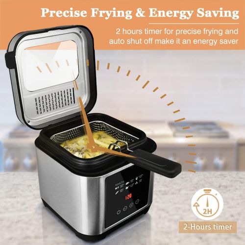  Deep Fryer, CUSIMAX Electric Deep Fryer with Basket, Oil Thermostat, 2.5L/2.64QT Deep Fat Fryers with Timer, Removable Lid, View Window, Cool Touch Handle, Stainless Steel Oil Frye