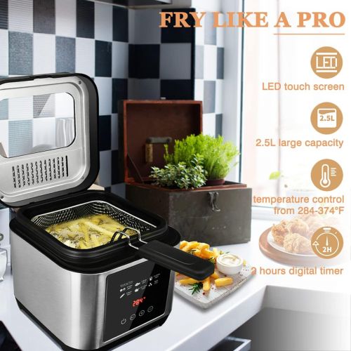  Deep Fryer, CUSIMAX Electric Deep Fryer with Basket, Oil Thermostat, 2.5L/2.64QT Deep Fat Fryers with Timer, Removable Lid, View Window, Cool Touch Handle, Stainless Steel Oil Frye