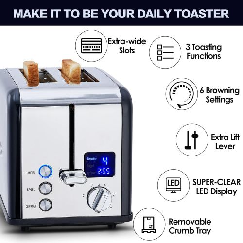  Toaster 2 Slice, CUSIMAX Stainless Steel Toaster with Large LED Display, Bread Toaster 1.5 Extra-wide Slots with 6 Browning Settings, Cancel/Bagel/Defrost Function, Removable Crumb