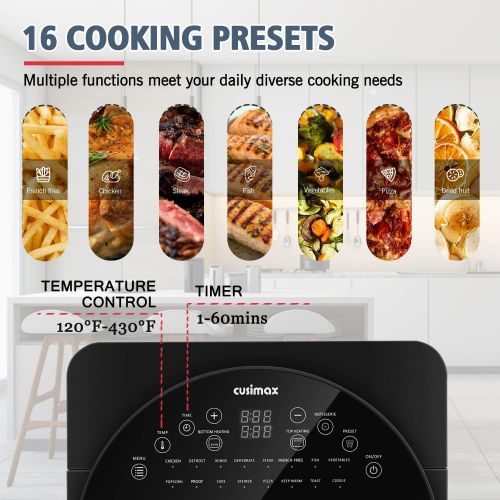  Air Fryer Toaster Oven, CUSIMAX 16-in-1 Convection Air Fryer Oven Combo for Roast Broil Bake Dehydrate, 15.5QT Countertop Oven with Accessories, Digital Display, Timer & Temperatur