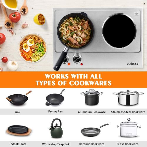  [아마존베스트]Cusimax Electric Stove, Electric Cooktop, Double Hot Plate Portable Infrared Cooktop, 1800W Ceramic Glass Countertop Burner for Kitchen Office Camp RV, Easy To Clean, Compatible w/