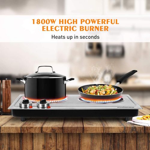  [아마존베스트]Cusimax Electric Stove, Electric Cooktop, Double Hot Plate Portable Infrared Cooktop, 1800W Ceramic Glass Countertop Burner for Kitchen Office Camp RV, Easy To Clean, Compatible w/