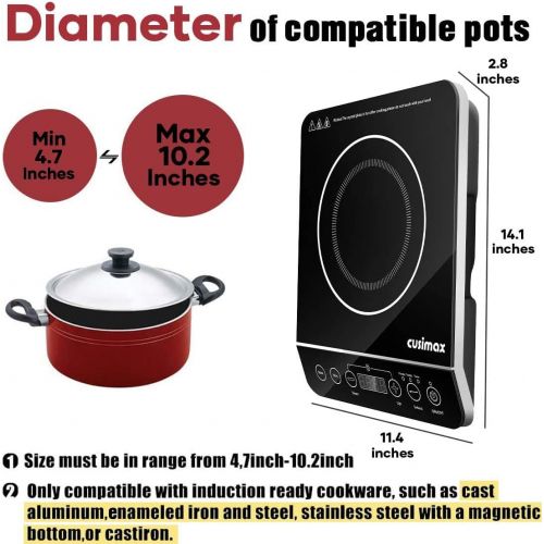  [아마존베스트]Induction Cooktop, CUSIMAX 1800W Portable Induction Burner with Timer, Sensor Touch Countertop Burner, 10 Temperature and 9 Power Setting, Kids Safety Lock for Cast Iron, Stainless