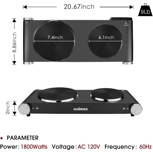  [아마존베스트]CUSIMAX 1800W Double Hot Plates, Cast Iron hot plates, Electric Cooktop, Hot Plates for Cooking Portable Electric Double Burner, Black Stainless Steel Countertop Burner, Easy to Cl