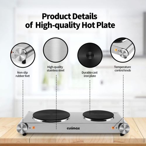  [아마존베스트]Cusimax Hot Plate, 1800W Electric Double Burner Ceramic Infrared Countertop Cooktop Glass Heating Plate Electric Stove with Adjustable Temperature, Non-Slip Rubber Feet, Stainless