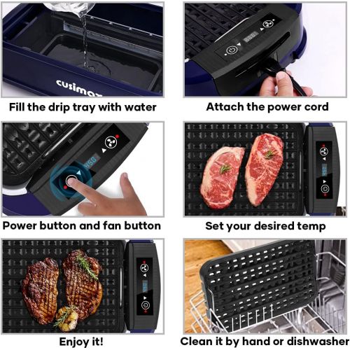  Indoor Grill Electric Grill CUSIMAX Smokeless Grill Portable Korean BBQ Grill with Turbo Smoke Extractor Technology, Non-stick Removable Grill Plate, Tempered Glass Lid, Great for