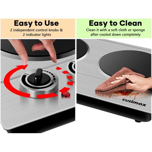  Hot Plate, CUSIMAX 1800W Double Burner Portable Cooktop Hot Plate for Cooking, Electric Countertop Burner, Dual infrared cooktop, Silver Stainless Steel Easy to Clean