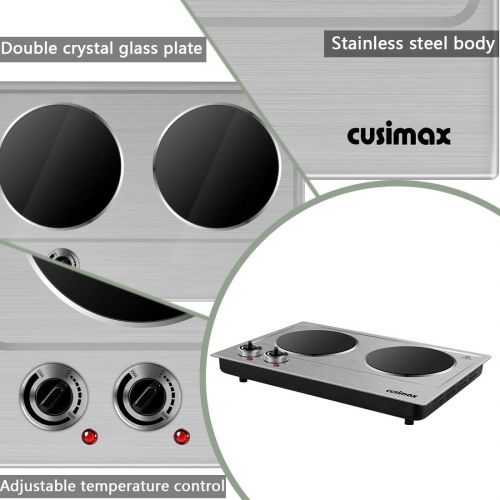  Hot Plate, CUSIMAX 1800W Double Burner Portable Cooktop Hot Plate for Cooking, Electric Countertop Burner, Dual infrared cooktop, Silver Stainless Steel Easy to Clean
