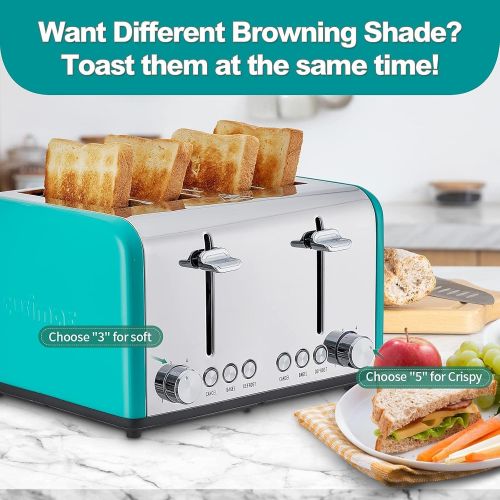  CUSIMAX Toaster 4 Slice Stainless Steel 4 Slice Toaster with Extra Wide Slot Toasters with Bagel/Defrost/Cancle, 6 Shade Settings and Removable Crumb Tray, 1650W, Green