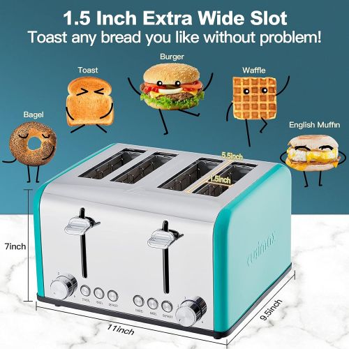  CUSIMAX Toaster 4 Slice Stainless Steel 4 Slice Toaster with Extra Wide Slot Toasters with Bagel/Defrost/Cancle, 6 Shade Settings and Removable Crumb Tray, 1650W, Green