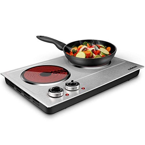  [아마존베스트]CUSIMAX 1800W Ceramic Electric Hot Plate for Cooking, Dual Control Infrared Cooktop, Portable Countertop Burner, Glass Plate Electric Cooktop, Silver, Stainless Steel-Upgraded Vers