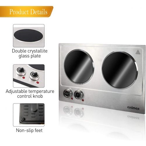  [아마존베스트]CUSIMAX 1800W Ceramic Electric Hot Plate for Cooking, Dual Control Infrared Cooktop, Portable Countertop Burner, Glass Plate Electric Cooktop, Silver, Stainless Steel-Upgraded Vers