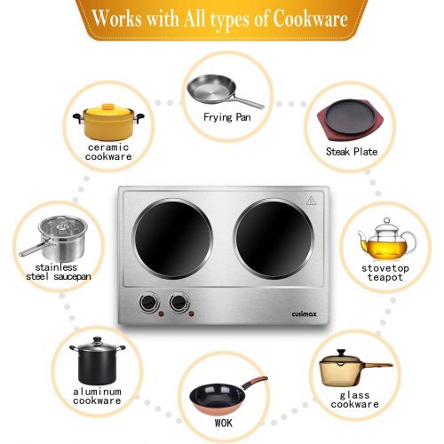  [아마존베스트]CUSIMAX 1800W Ceramic Electric Hot Plate for Cooking, Dual Control Infrared Cooktop, Portable Countertop Burner, Glass Plate Electric Cooktop, Silver, Stainless Steel-Upgraded Vers