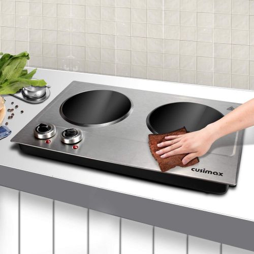  [아마존베스트]CUSIMAX 1800W Ceramic Electric Hot Plate for Cooking, Dual Control Infrared Cooktop, Portable Countertop Burner, Glass Plate Electric Cooktop, Silver, Stainless Steel-Upgraded Vers