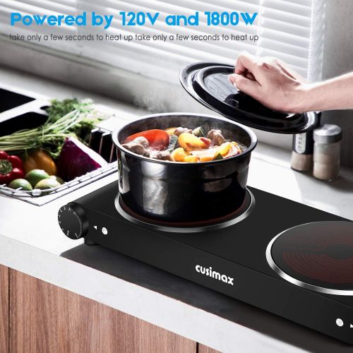  [아마존베스트]Cusimax Portable Electric Stove, 1800W Infrared Double Burner Heat-up In Seconds, 7 Inch Ceramic Glass Double Hot Plate Cooktop for Dorm Office Home Camp, Compatible w/All Cookware