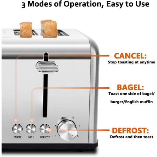  [아마존베스트]Toaster 4 Slice, CUSIMAX Stainless Steel Toaster, Bread Toasters 4 Extra Wide Slot with Bagel/Defrost/Cancle Function,6 Shade Settings with Removable Crumb Tray