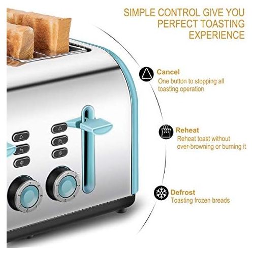  [아마존베스트]4 Slice Toaster, CUSINAID Stainless Steel Toasters with Reheat Defrost Cancel Function, 7-Shade Setting, 4 Wide Slots Toaster (Blue)