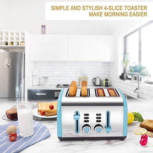  [아마존베스트]4 Slice Toaster, CUSINAID Stainless Steel Toasters with Reheat Defrost Cancel Function, 7-Shade Setting, 4 Wide Slots Toaster (Blue)