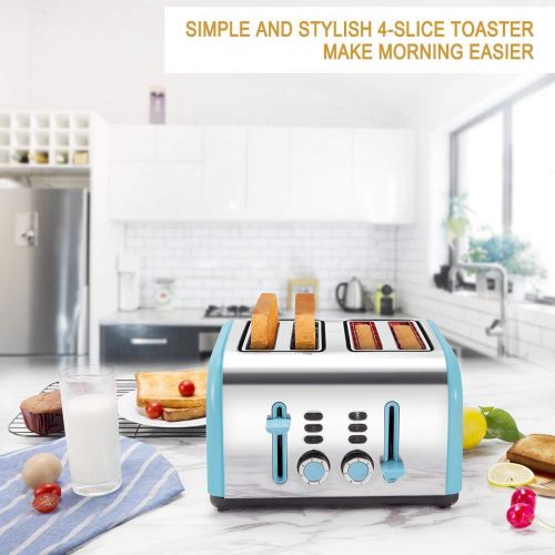  [아마존베스트]4 Slice Toaster, CUSINAID Stainless Steel Toasters with Reheat Defrost Cancel Function, 7-Shade Setting, 4 Wide Slots Toaster (Blue)