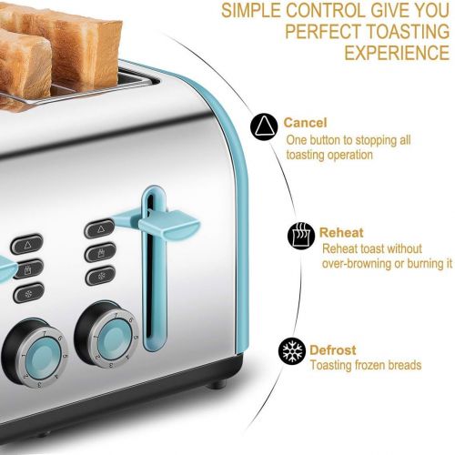  [아마존베스트]4 Slice Toaster, CUSINAID Stainless Steel Toasters with Reheat Defrost Cancel Function, 7-Shade Setting, 4 Wide Slots Toaster (Blue)
