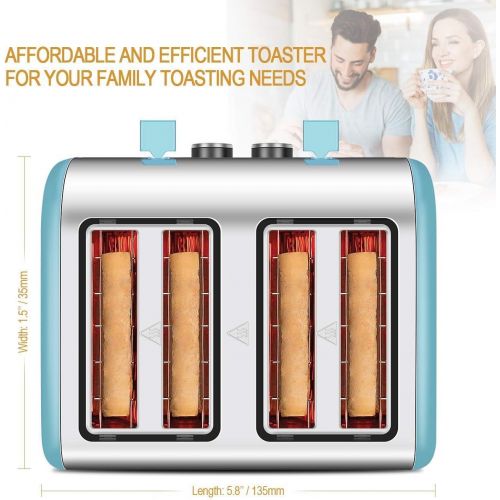  [아마존베스트]4 Slice Toaster, CUSINAID Stainless Steel Toasters with Reheat Defrost Cancel Function, 7-Shade Setting, 4 Wide Slots Toaster (Blue)