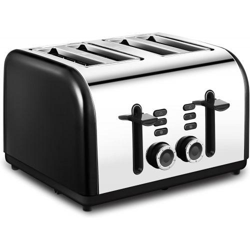  Toaster 4 Slice, CUSINAID Extra Wide Slots Black 4 Slice Toasters Stainless Steel with Reheat Defrost Cancel Function, 7-Shade Setting